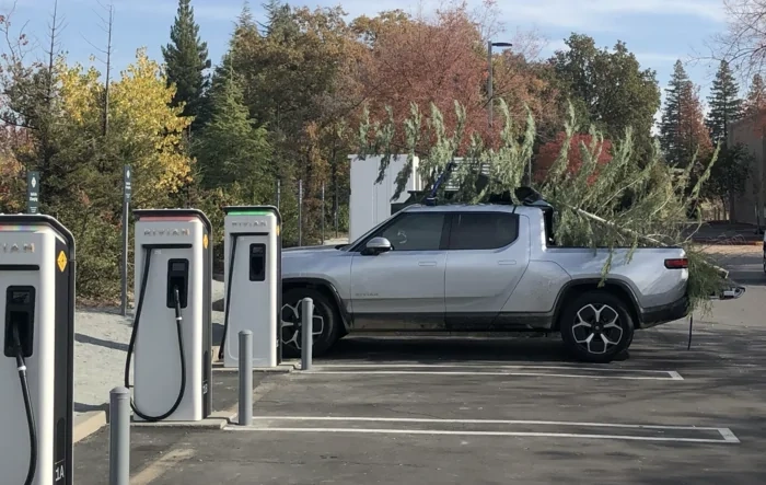 Christmas in Sacramento w/ 16 ft tree on R1T bed & roof