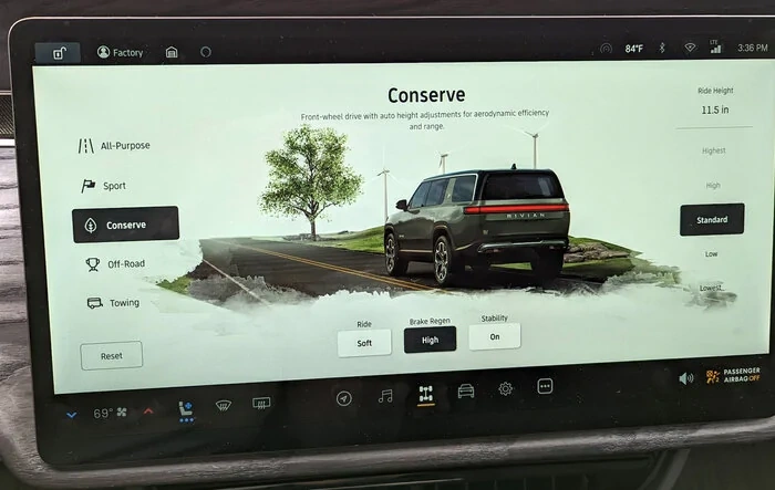 Conserve Mode should only be selected while the vehicle is stopped? (says Rivian Service Center technicians)