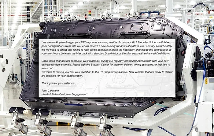 Email From Rivian: Updates for Max Pack Preorder Holders -- Delivery Window Update Postponed Until April
