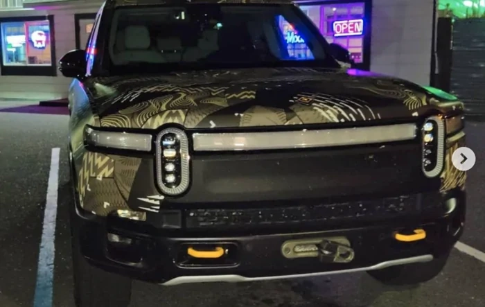 Rivian R1T spotted with winch and extended yellow tow hooks