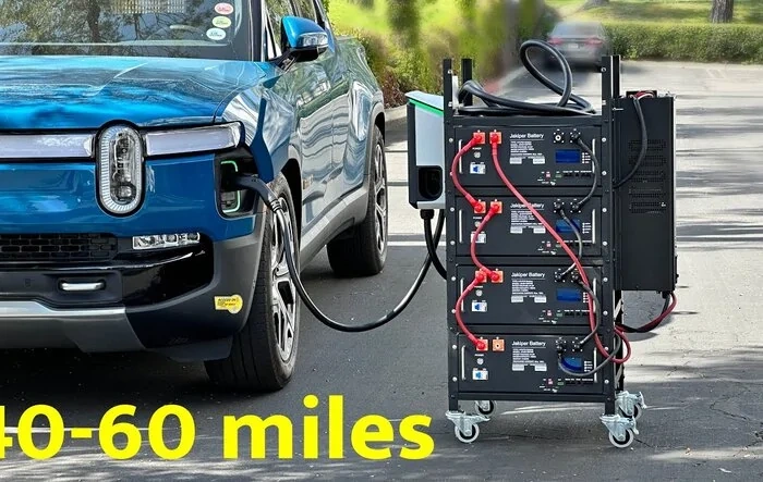 Portable Rivian EV charger built using battery rack, 48v batteries, inverter, Rivian wall charger