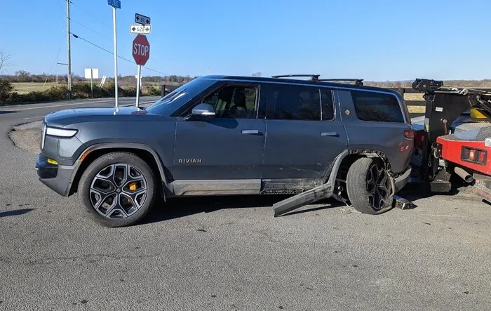 Totaled R1S after side impact accident at stop sign