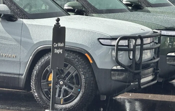 Bull bars installed on 2 Rivians at Denver Service Center