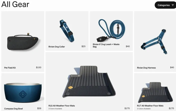 Dog & pet accessories added to Rivian Gear Shop (collar, leash, harness, water bowl, etc)