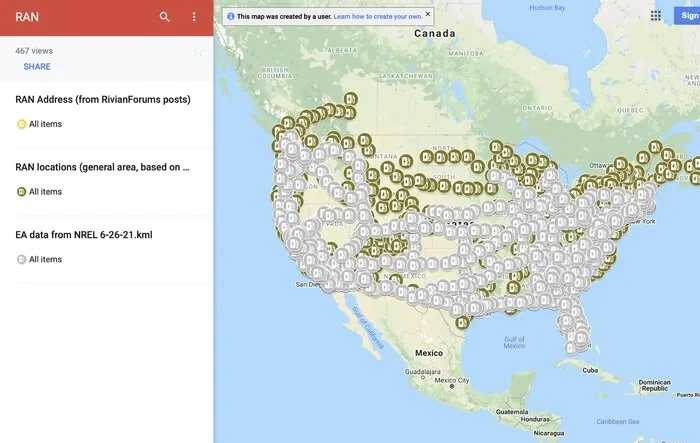 RAN Rivian Charging Stations Locations Map via Google Maps