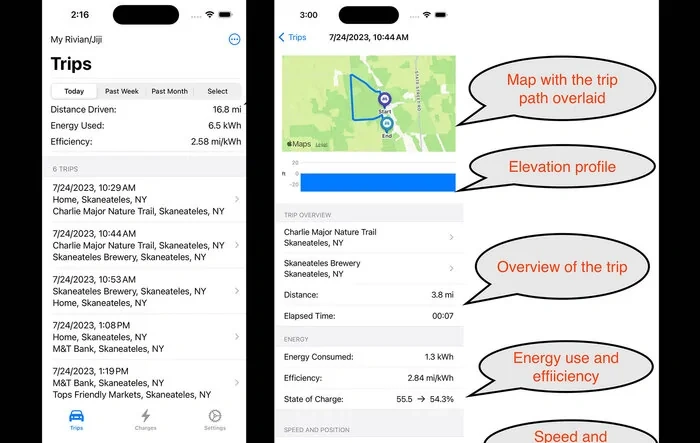 Preview of my iOS Rivian trip / charge app