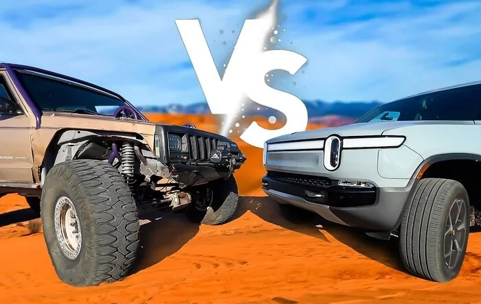 R1T rock crawls with the Jeep Rudicon  (MisAdventure Labs)