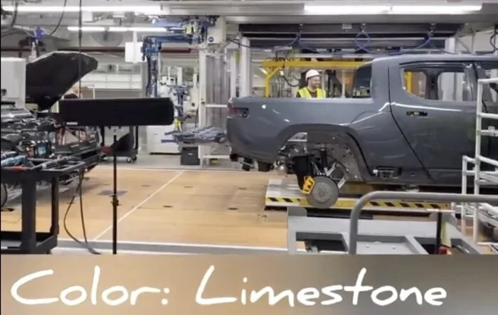 Rivian Colors Spotted on Production Line: Limestone, Launch Green, Forest Green, Canyone Red, Rivian Blue