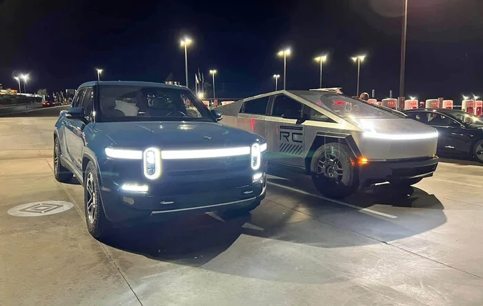 R1T v Cybertruck side by side real life photos