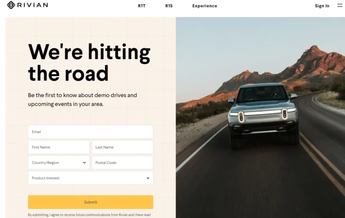Demo test drives mailing list sign-up page now live on Rivian.com