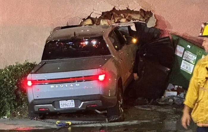 Rivian crashes into Hollywood restaurant [update: driven by Ferris Bueller's Day Off star Alan Ruck]