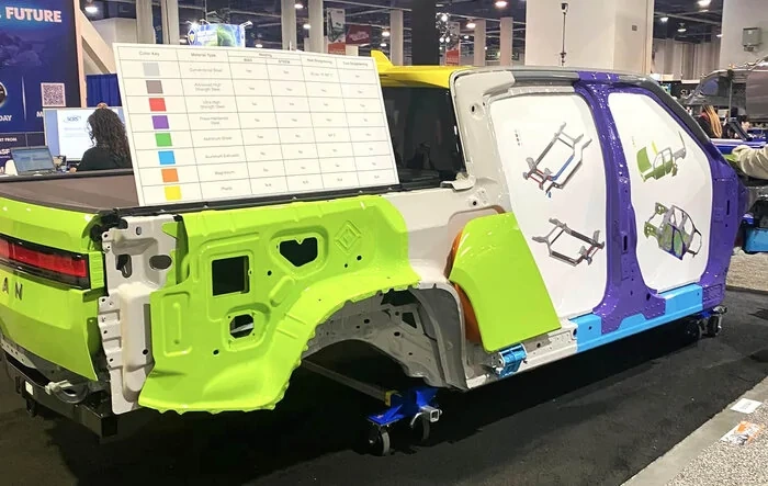 Rivian body materials & construction cutaway (material type, welding, heat/cold straightening) @ SEMA