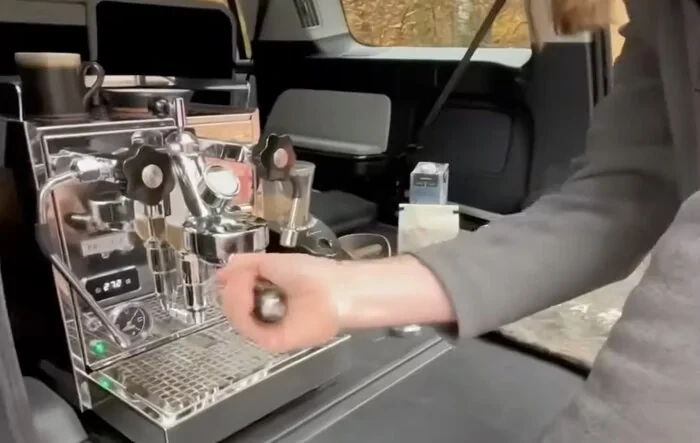 Espresso machine powered from my Rivian R1S while camping