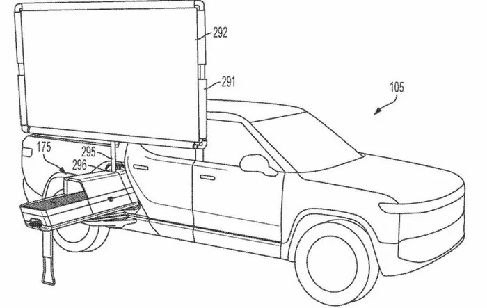 Rivian patents a R1T mobile movie projector kit (w/ projector, screen, speaker)