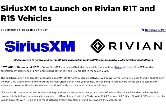SiriusXM to Launch in Rivian Vehicles in 2024