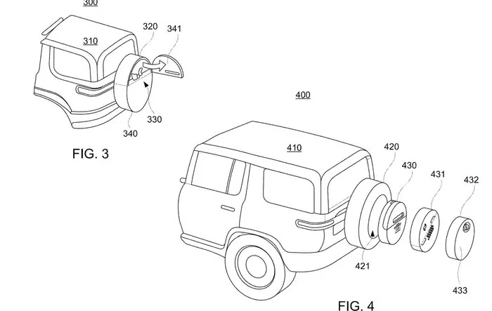 Rivian R1S Full Sized Spare Tire Patent w/ waste can, a food cooler, or a first aid kit