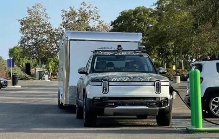 Towing Spy Shot - R1T Tows ATC Trailer