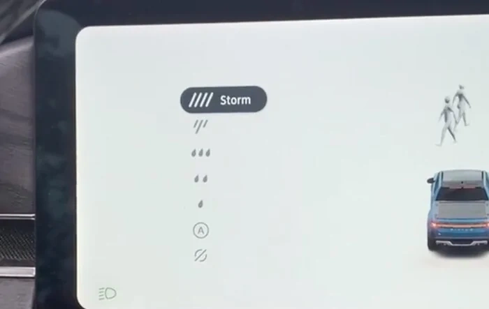 Video: scrolling through Rivian windshield wiper options - sprinkle, drizzle, shower, downpour and storm