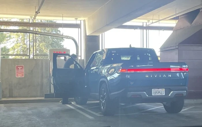 Spotted: Rivian R1T (corporate) Tesla Supercharger Testing in Palo Alto, CA.