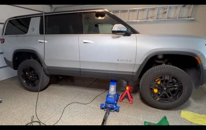 DIY Rivian Tire Rotation with jack stands and one floor jack