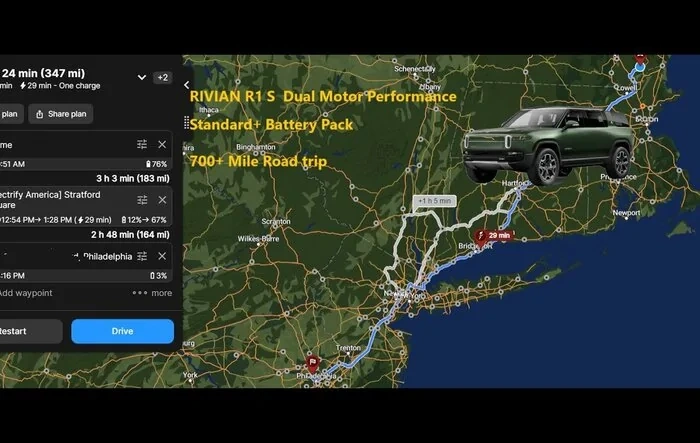 New Hampshire to Philadelphia and Back >700 miles round trip.  Standard+ battery