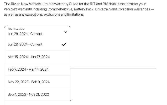 Rivian New Vehicle Limited Warranty Guide support pages now include applicable dates
