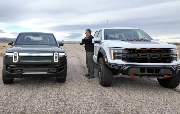 Tri-Motor Rivian R1T Plays Spoiler in Drag Race Between Ram RHO / TRX vs.  F-150 Raptor R (TFL Video)