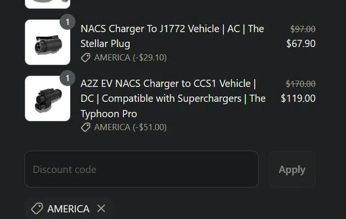 A2Z EV - 4th of July - 3 DAYS ONLY -  30% off Temporary Sale. NACS to CCS1 adapter for $119 and NACS to J-1772 for $68 And AC Extension Cords for $116