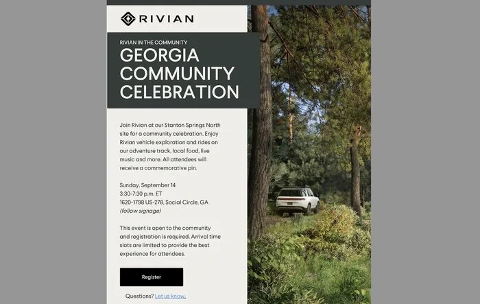 Register for Rivian's Georgia community celebration event w/ rides, food, live music, commemorative pin (Sunday Sept 14)