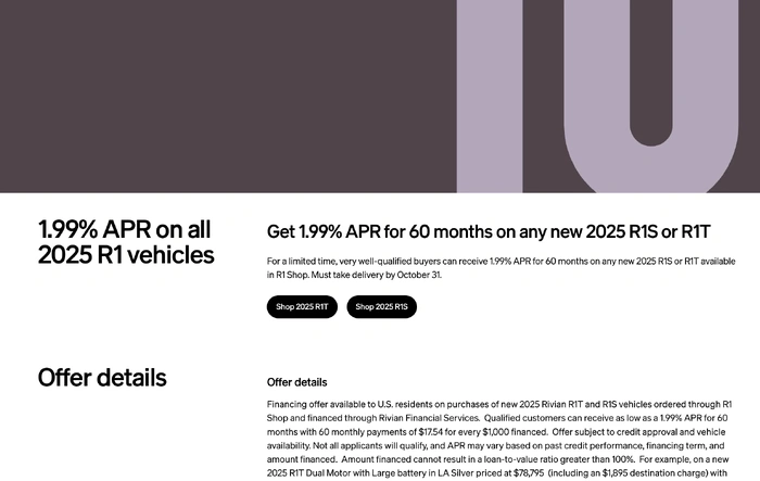 Oct 1: Rivian is offering 1.99% rate for 60 month, 2.49% rate for 72 month loans
