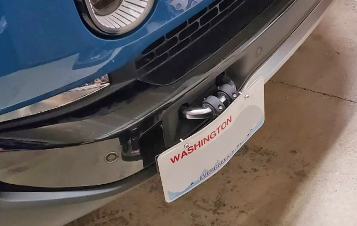 Homemade front license plate mount for tow hook