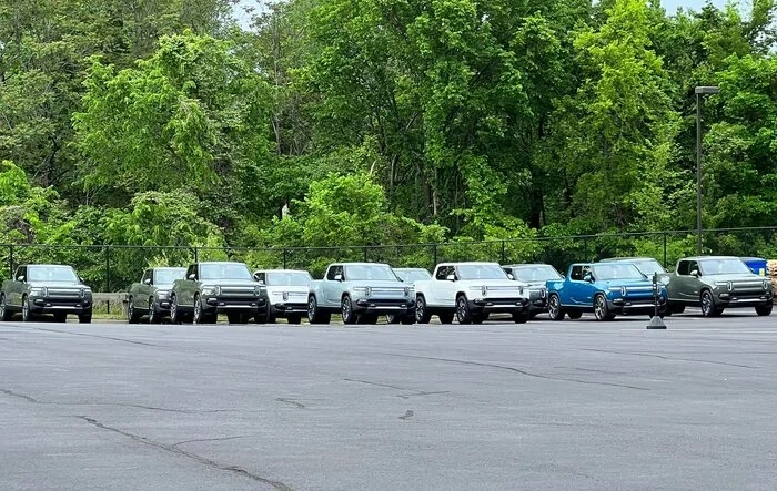 Richmond Rivian Center -- 30+ R1T prepped for delivery