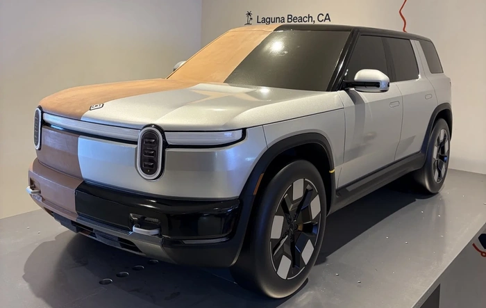 R2 clay design buck display at Rivian's Laguna South Coast Theater Space