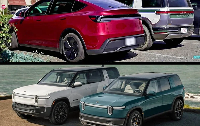 R2 vs. Model Y vs. R1 size comparison (dimensions: length, width, height, wheelbase, storage capacity)