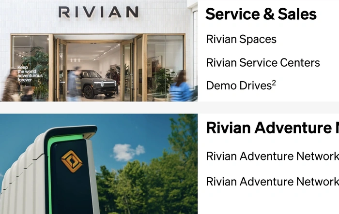 Number count of Rivian Service Centers, RAN Charging Stations, Chargers, Spaces (as of Q1 2026 / April 2026)