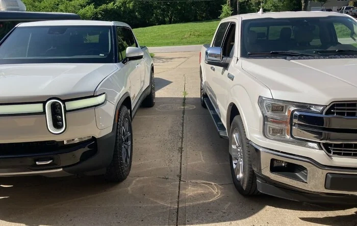 White R1T vs White F-150 Side-by-Side Comparison Look