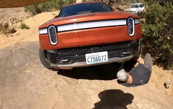 Rivian broken tie rod off-road recovery