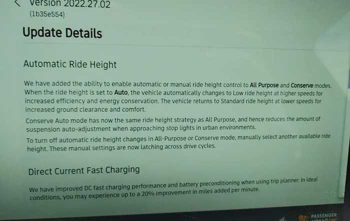 Update 2022.27.02 Released - Automatic Ride Height, Direct Current Fast Charging & More