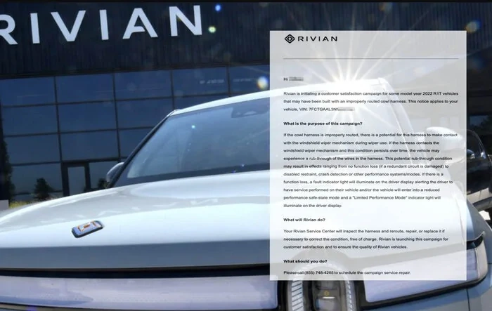 Rivian Customer Satisfaction Campaign - Improperly routed cowl harness may make contact with windshield wiper mechanism