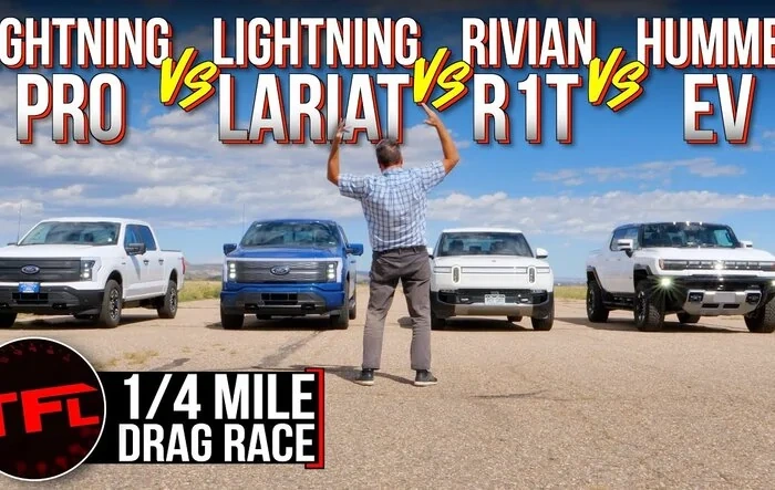 EV Truck Drag Race: R1T vs Hummer vs Lightning Lariat vs Lightning Pro -- by TFL