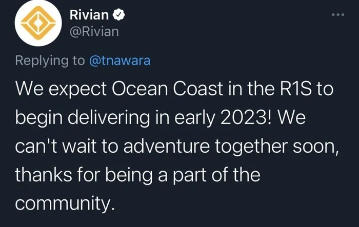 Confirmed by Rivian: R1S w/ Ocean Coast Interior - Deliveries Not Until Early 2023