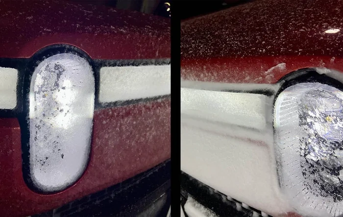 Undriveable at night in wet snow due to LED headlights not melting snow & ice